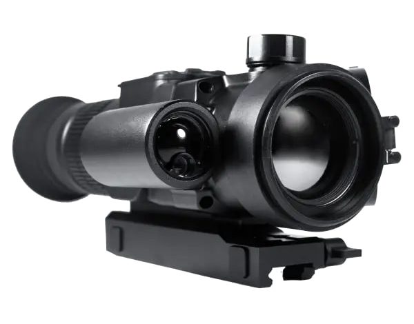 Black rifle scope with mounting base and turret, shown from the side.
