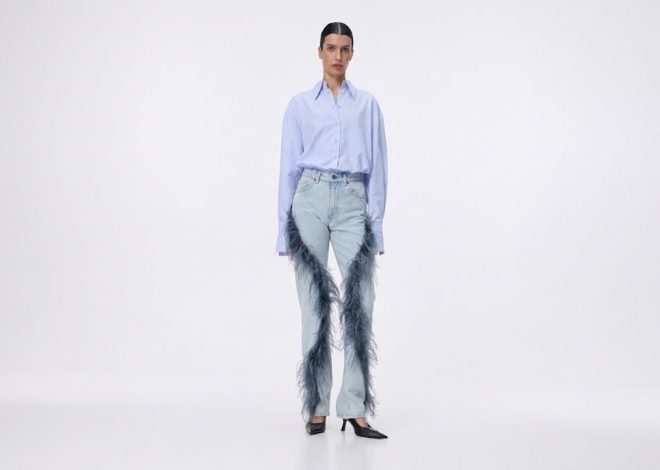 Model wearing a light blue button-down shirt tucked into high-waisted, light-wash jeans with blue feather fringe along the legs, black heels, on a white studio background.