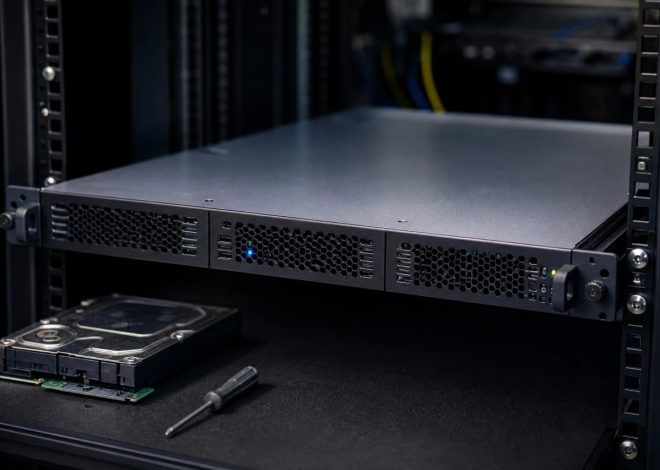 Rack-mounted server with a 2.5-inch drive removed and a screwdriver on the shelf, LED indicators lit nearby.