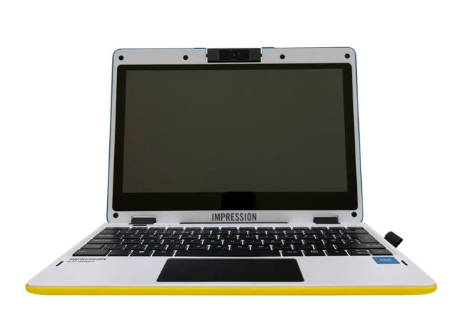 Open silver laptop with black keyboard and yellow base edge, branded 'IMPRESSION' on the hinge area.