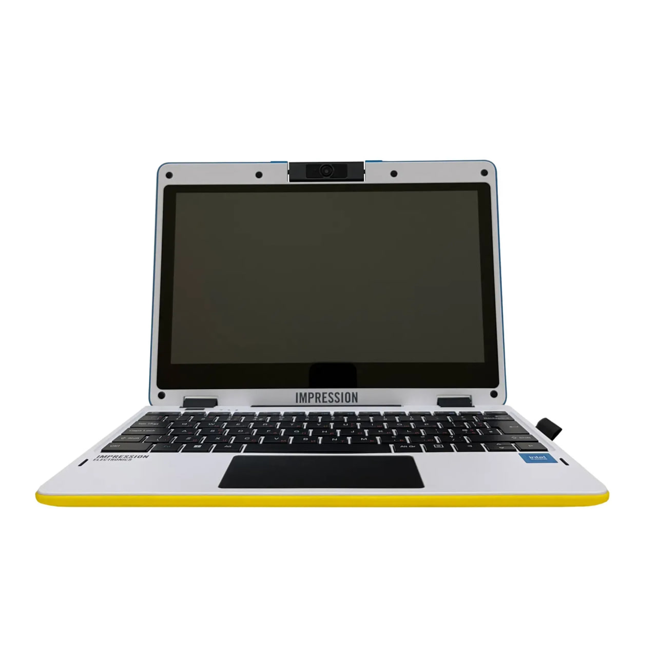 Open silver laptop with black keyboard and yellow base edge, branded 'IMPRESSION' on the hinge area.