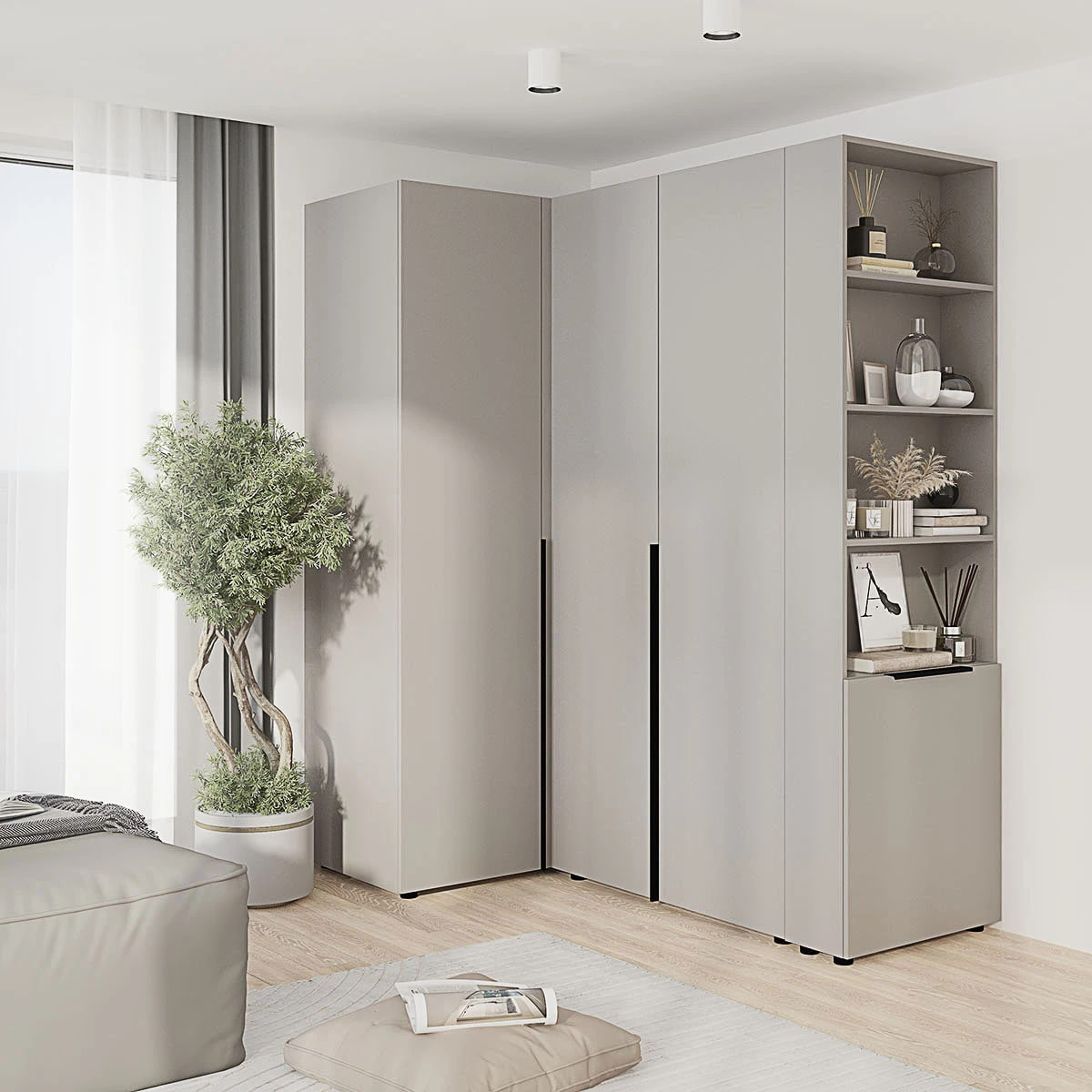 Modern bedroom with tall gray wardrobes, an open shelving unit, and a potted plant by the window.