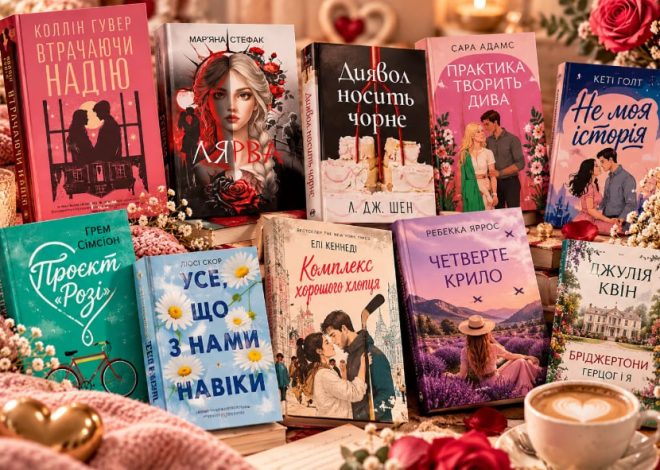 A colorful display of romance novels propped upright on a table, surrounded by flowers and warm lighting.
