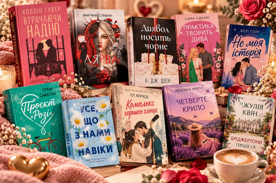 A colorful display of romance novels propped upright on a table, surrounded by flowers and warm lighting.