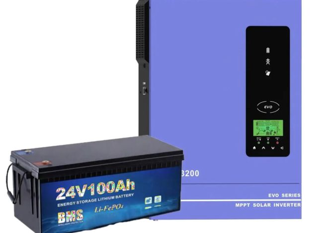 Blue EVO MPPT solar inverter with a right-side control panel and a 24V 100Ah LiFePO4 battery in front.