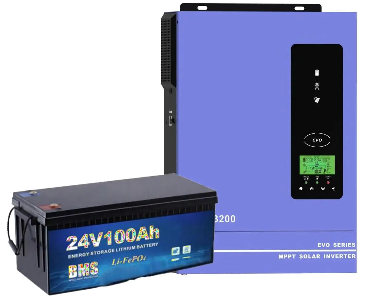 Blue EVO MPPT solar inverter with a right-side control panel and a 24V 100Ah LiFePO4 battery in front.