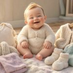 Smiling baby in a fluffy cream onesie sits among pastel knitted blankets and sweaters.