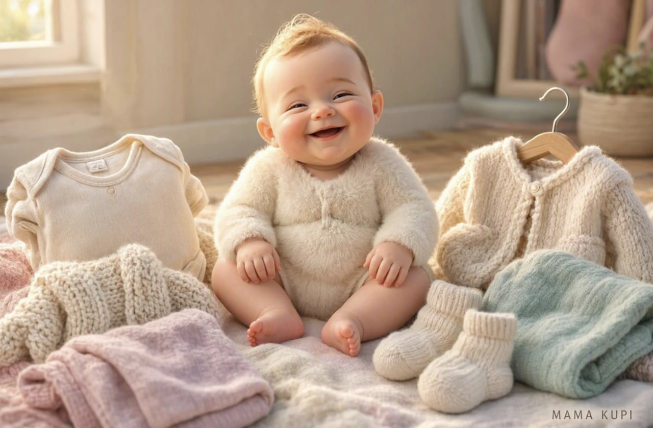 Smiling baby in a fluffy cream onesie sits among pastel knitted blankets and sweaters.