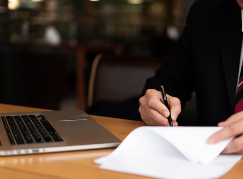Businessperson in a suit signs a document with a pen beside an open laptop on a wooden desk