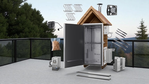 Exploded view of a cabin heating kit showing a central metal cabinet with door open, a wooden cabin shell, and scattered components like fans, coils, panels, and rails.