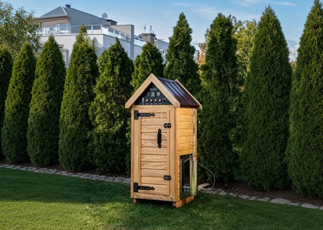 Small wooden outdoor smoker with a pitched roof on a grassy lawn, tall evergreen trees behind.