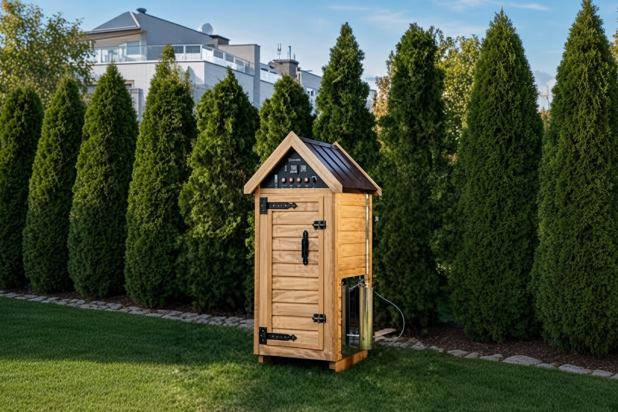 Small wooden outdoor smoker with a pitched roof on a grassy lawn, tall evergreen trees behind.