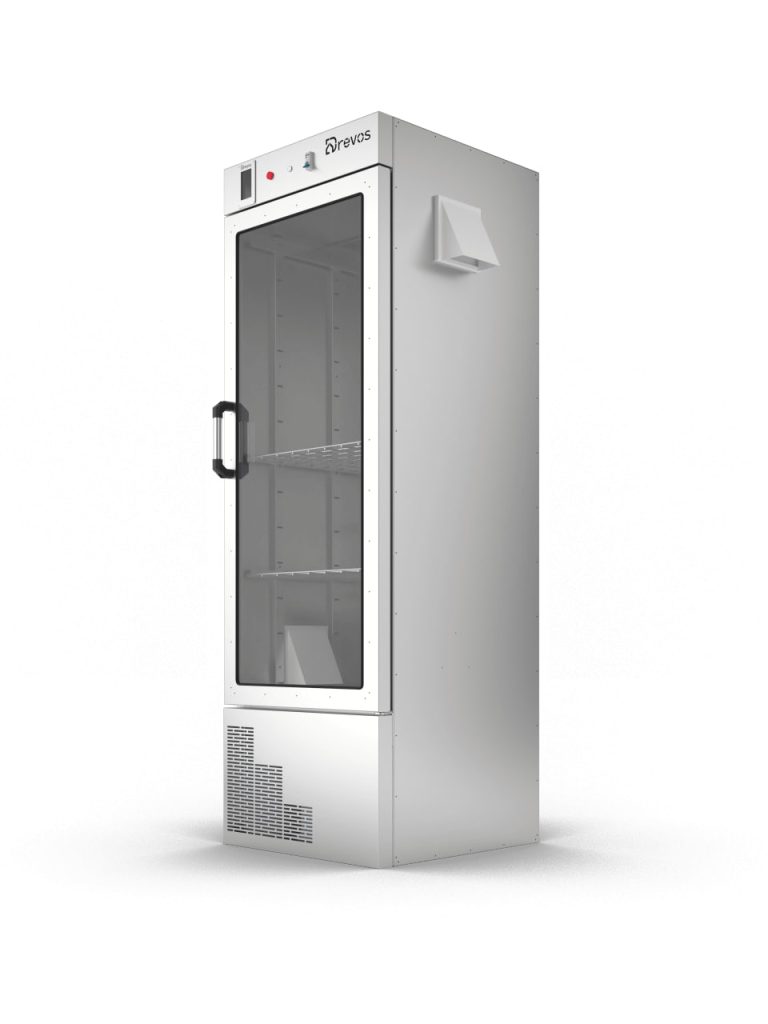 Tall stainless steel glass-door commercial refrigerator with a left-side handle and interior shelves, standing upright.