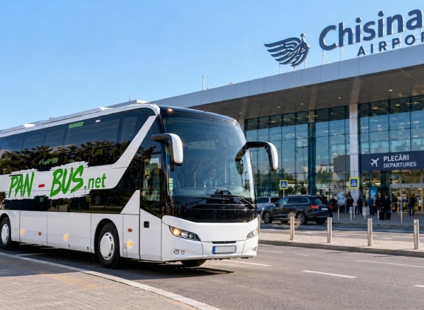 White coach bus with PAN-BUS.net branding parked in front of Chisinau Airport terminal; departures sign visible.