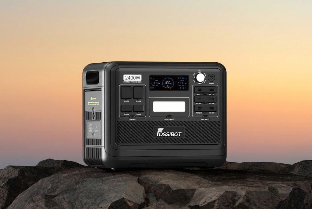 Portable power station on rocky surface at sunset, labeled FossiBot with 2400W capacity and multiple outlets on the front panel.